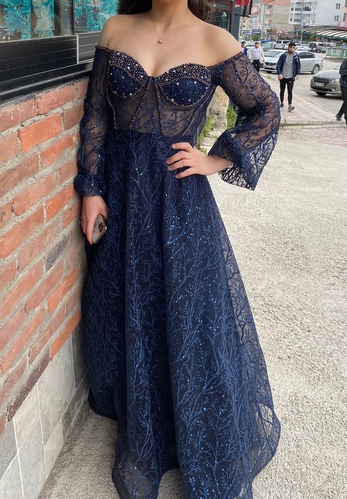 Lacivert Parlak Uzun Kollu Straplez Abiye Elbise - Görsel 2