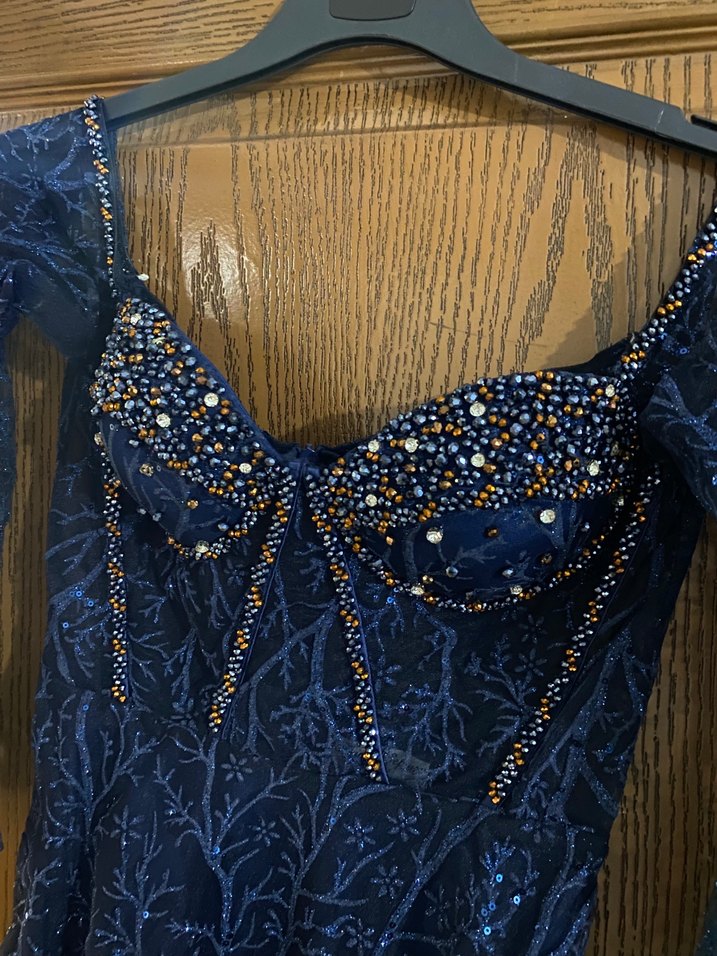 Lacivert Parlak Uzun Kollu Straplez Abiye Elbise - Görsel 3