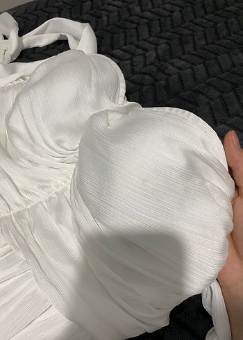 s Beden beyaz Renk İnci Beyaz Kol Detaylı Straplez Mini Elbise