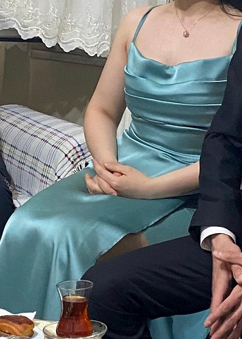 Turkuaz Drapeli uzun Abiye Elbise