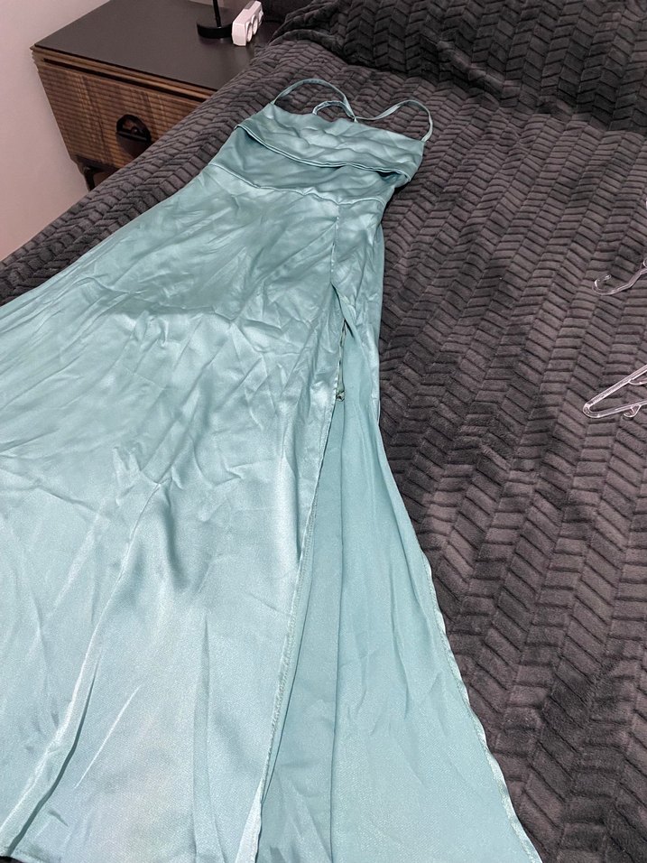 Turkuaz Drapeli uzun Abiye Elbise - Görsel 3