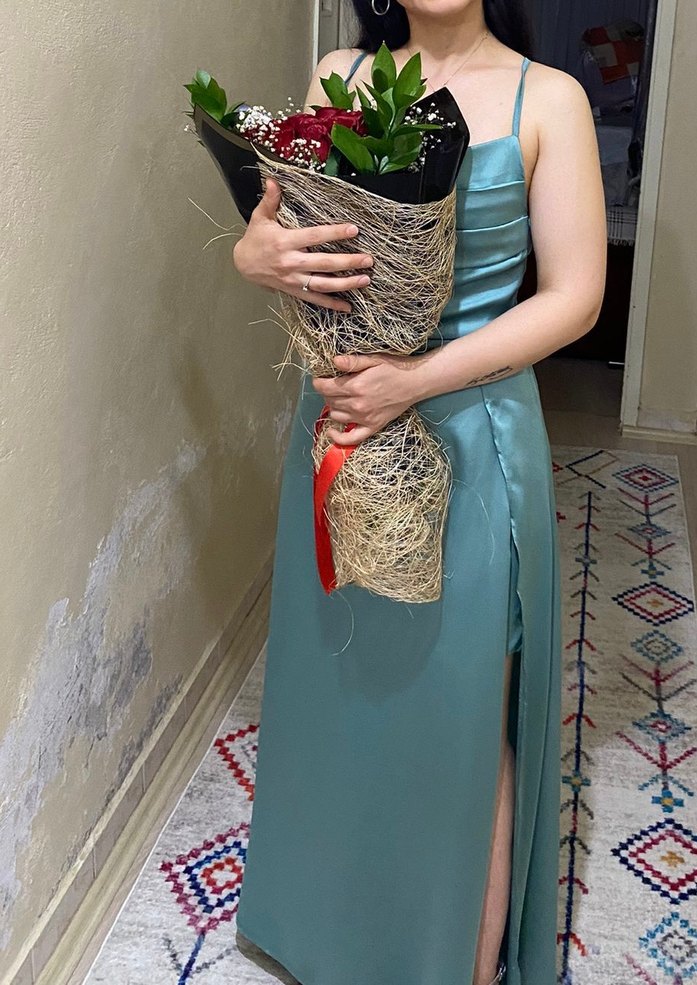 Turkuaz Drapeli uzun Abiye Elbise - Görsel 2