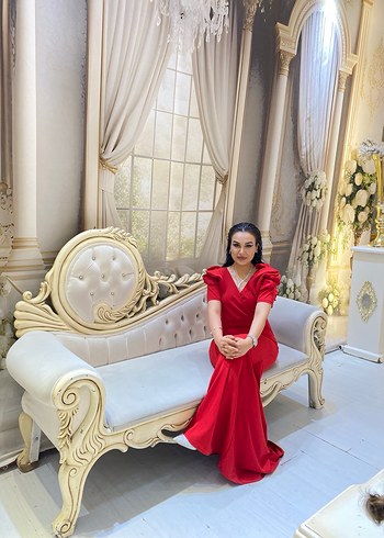 Drapeli V Yakalı Kırmızı Uzun Abiye Elbise - Görsel 2