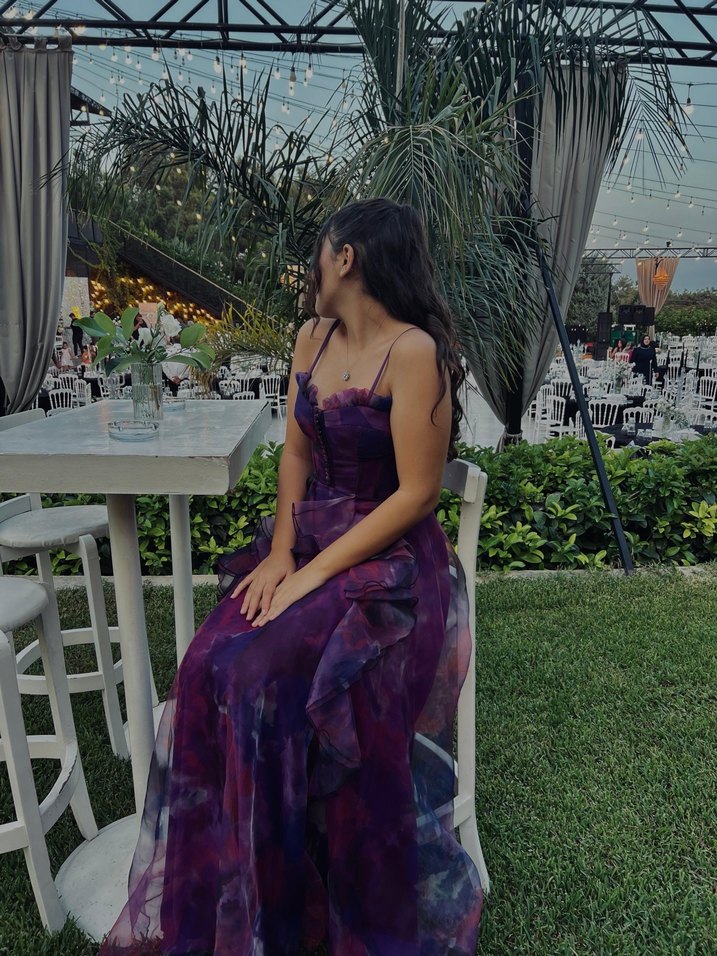 Mor Drapeli Uzun Askısız Abiye Elbise - Görsel 2