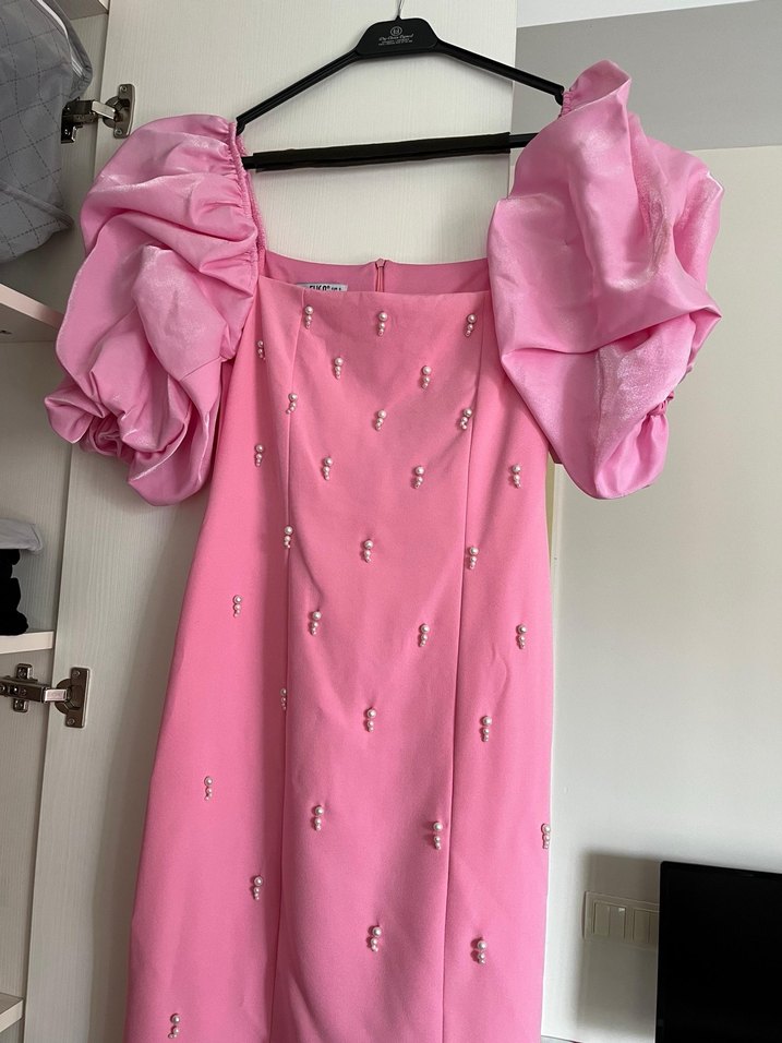 Pembe Drapeli Uzun Kadın Elbise - Görsel 5