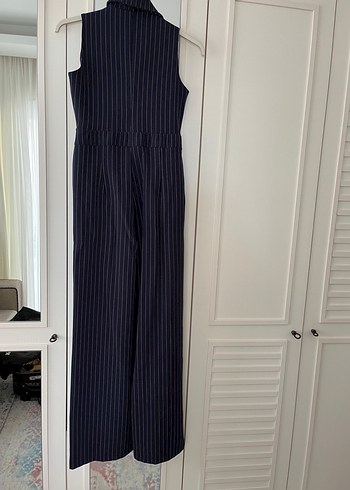 Kadın Lacivert Zebra Desenli V Yaka Denim Tulum - Görsel 2