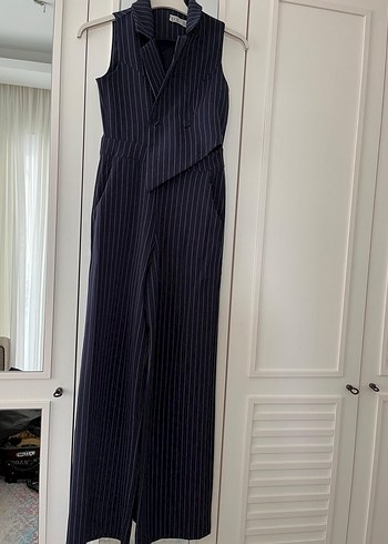 Kadın Lacivert Zebra Desenli V Yaka Denim Tulum - Görsel 3