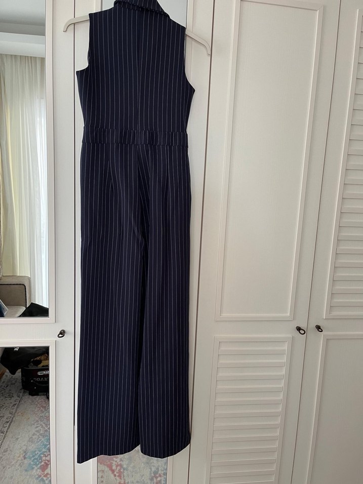 Kadın Lacivert Zebra Desenli V Yaka Denim Tulum - Görsel 2