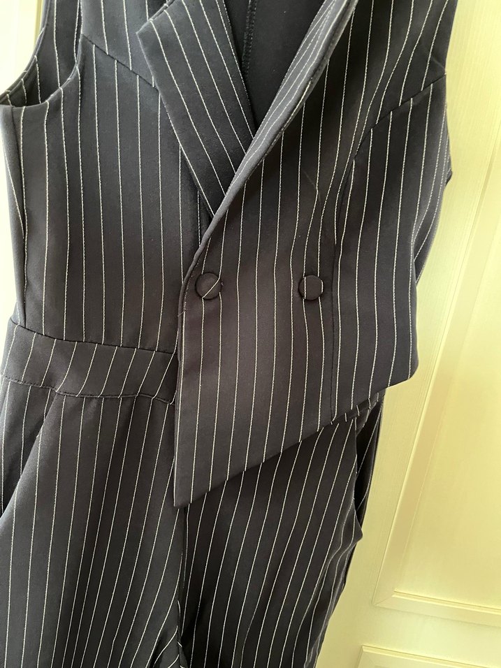 Kadın Lacivert Zebra Desenli V Yaka Denim Tulum - Görsel 5