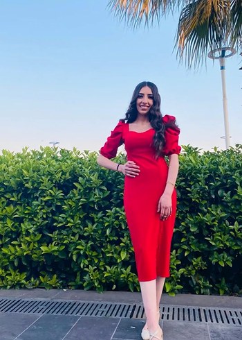 Parlak Kırmızı Drapeli Midi Abiye Elbise - Görsel 4