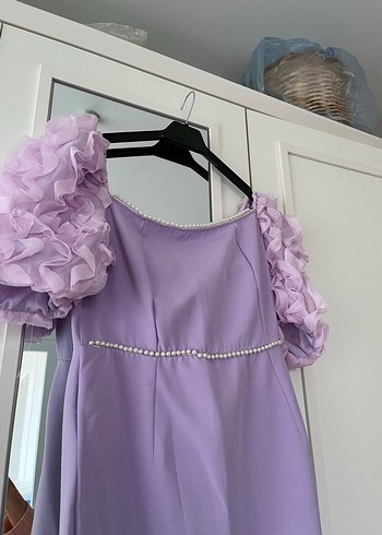 Mor V Yaka Nakışlı Midi Elbise - Görsel 2