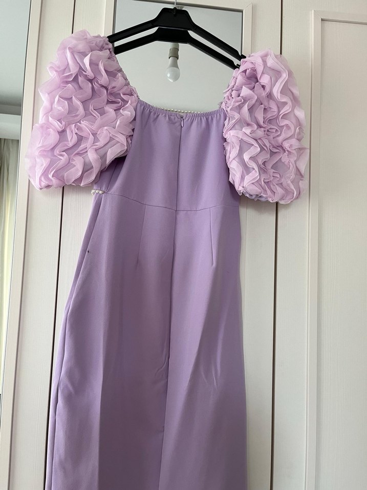 Mor V Yaka Nakışlı Midi Elbise - Görsel 3