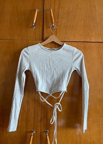 Gri Uzun Kollu Crop Top