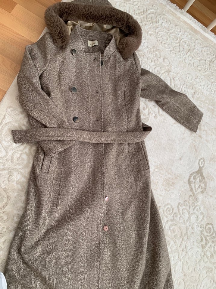 Kürk Detaylı Kahverengi Midi Kadın Yün Kaban - Görsel 2