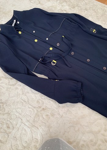 Kadın Lacivert Nakışlı Uzun Düğmeli Kaban - Görsel 3