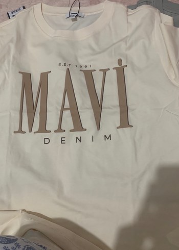 Bej Baskılı Mavi Denim Tişört - Görsel 2
