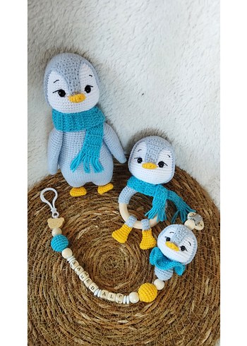 Gri ve Turkuaz Penguen Diş Kaşıyıcı ve Çıngırak Seti