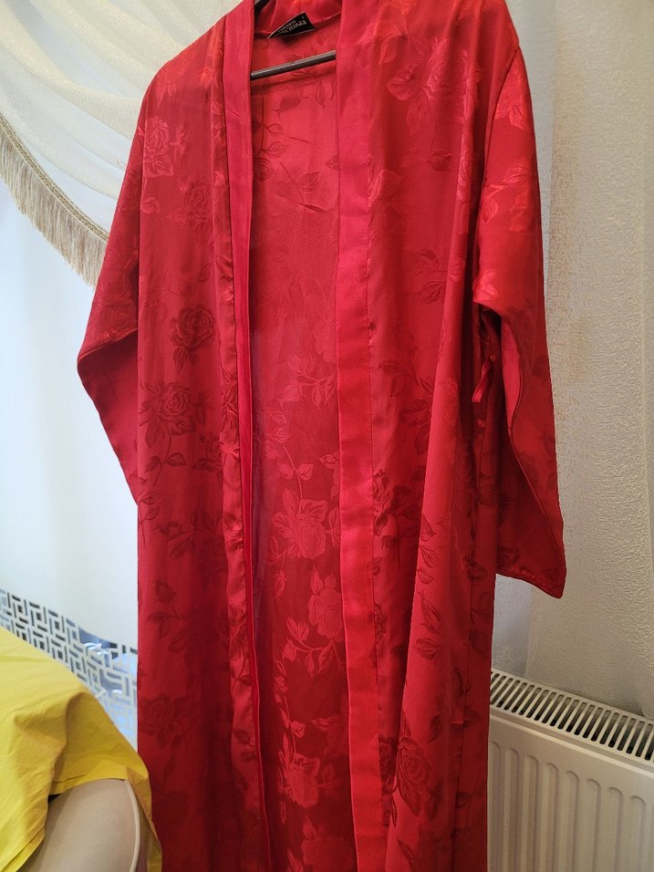 Parlak Kırmızı Kadın Vintage Uzun Kimono - Görsel 2