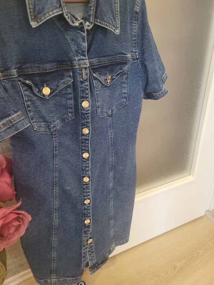 Düğmeli Kısa Kollu Kadın Kot elbise adl markalı - Görsel 2