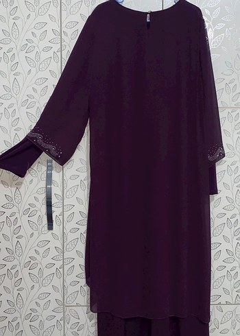 Mor Uzun Kollu Nakışlı Uzun Elbise - Görsel 4