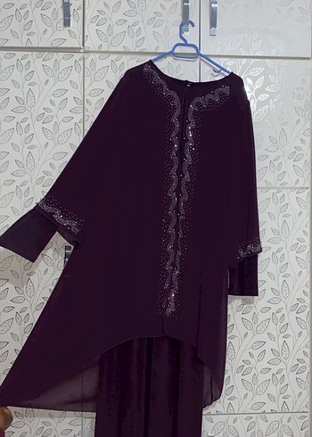 Mor Uzun Kollu Nakışlı Uzun Elbise - Görsel 3