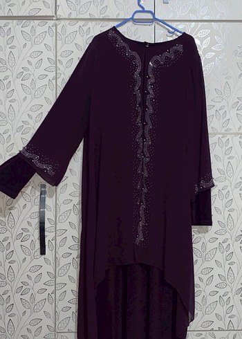 Mor Uzun Kollu Nakışlı Uzun Elbise - Görsel 2