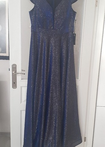 Parlak Lacivert V Yakalı Uzun Abiye Elbise - Görsel 2