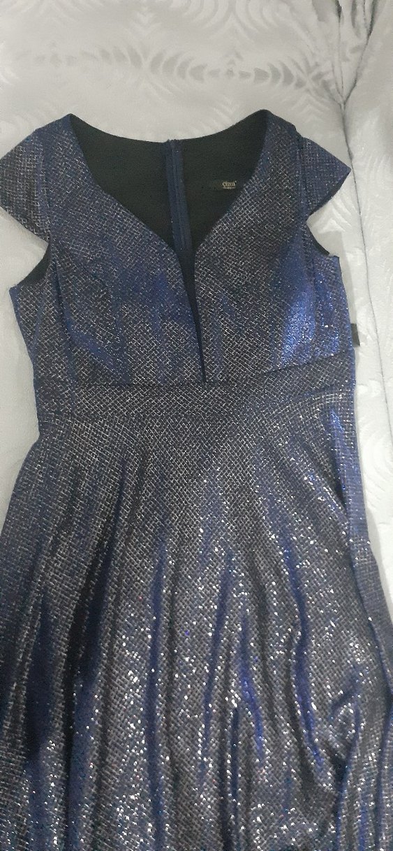 Parlak Lacivert V Yakalı Uzun Abiye Elbise - Görsel 4