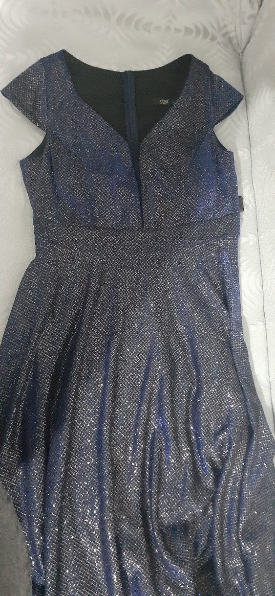 Parlak Lacivert V Yakalı Uzun Abiye Elbise - Görsel 3