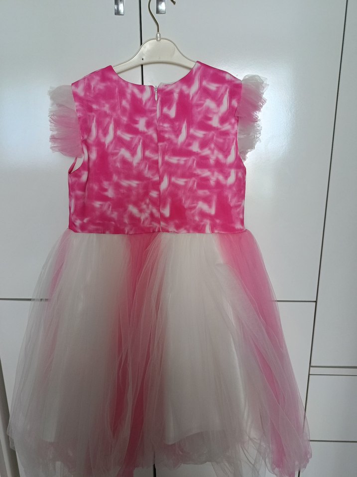 Pembe Kız Çocuk Baskılı Tül Elbise - Görsel 2