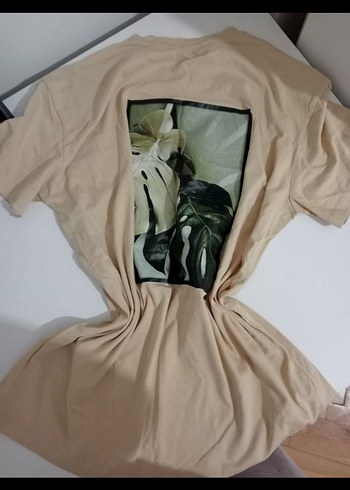 Bej Baskılı Kısa Kollu Oversize Tişört - Görsel 2
