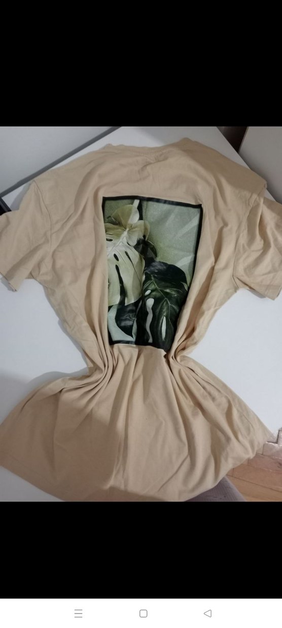 Bej Baskılı Kısa Kollu Oversize Tişört - Görsel 2