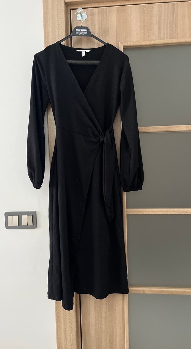 Siyah V Yakalı Uzun Kollu Kadın Elbise - Görsel 3