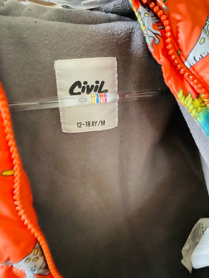 Erkek/ Kız  Çocuk Kapüşonlu Dinozor Desenli Mont - Görsel 2