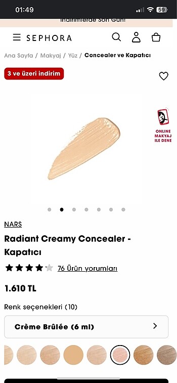 Beden Nars radiant creamy concealer kapatıcı