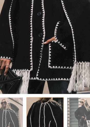 diğer Beden Hoopstore Siyah Etnik Desenli, atkı detaylı Mini Kadın Panço