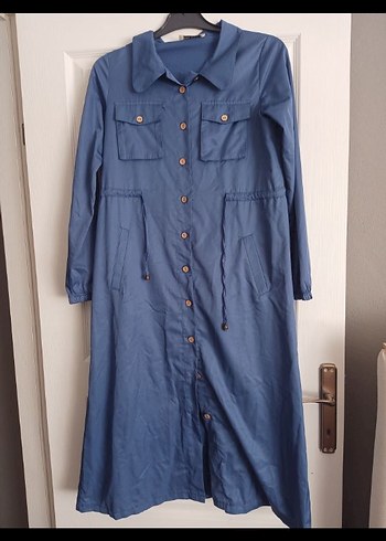 Düğmeli Uzun Mavi Denim Kadın Ceket - Görsel 2