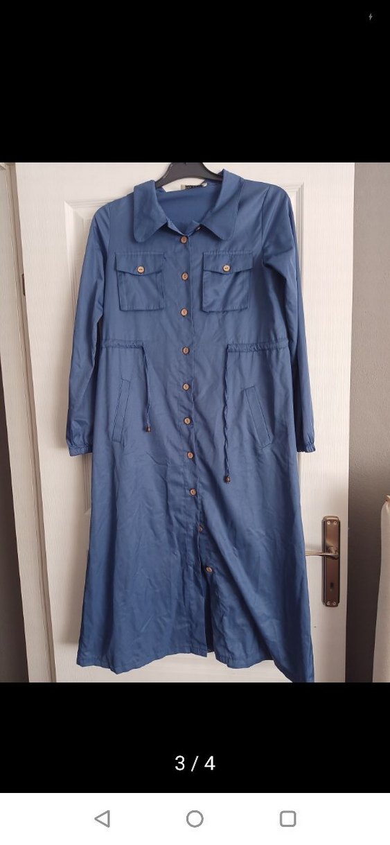 Düğmeli Uzun Mavi Denim Kadın Ceket - Görsel 2