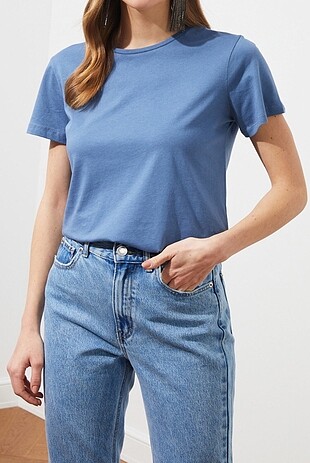 İndigo Renk Yüzde Yüz Pamuk Bisiklet Yaka T-Shirt