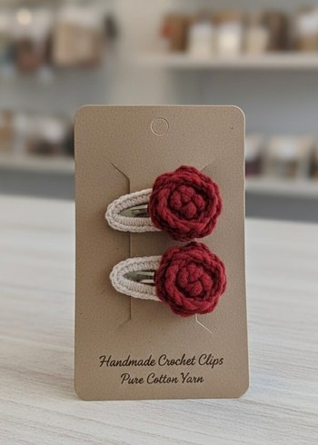 Bordo Örgü Çiçekli Çocuk Toka Seti - Görsel 4