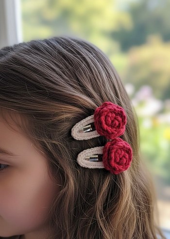 Bordo Örgü Çiçekli Çocuk Toka Seti - Görsel 2