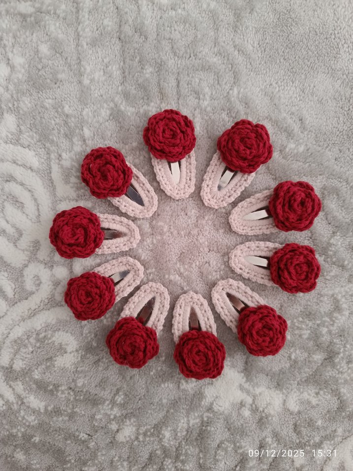 Bordo Örgü Çiçekli  Toka Seti 2li - Görsel 3