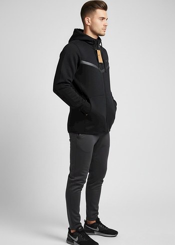 l Beden Siyah Kapüşonlu Fermuarlı Erkek Sweatshirt