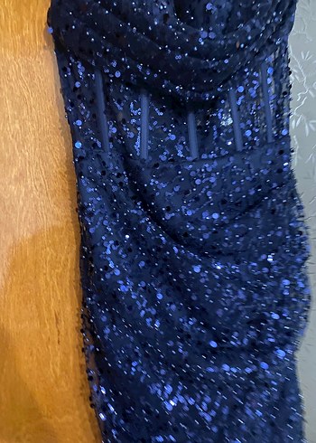 Lacivert İşlemeli Drapeli Uzun Abiye Elbise - Görsel 2