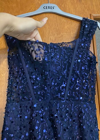 Lacivert İşlemeli Drapeli Uzun Abiye Elbise - Görsel 4