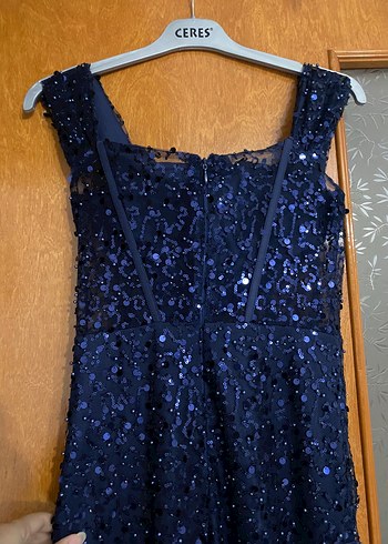 Lacivert İşlemeli Drapeli Uzun Abiye Elbise - Görsel 5