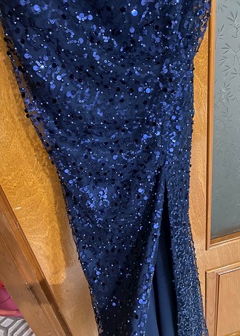 Lacivert İşlemeli Drapeli Uzun Abiye Elbise - Görsel 3