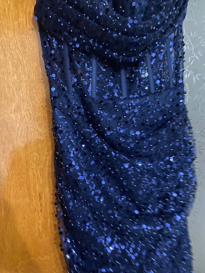 Lacivert İşlemeli Drapeli Uzun Abiye Elbise - Görsel 2