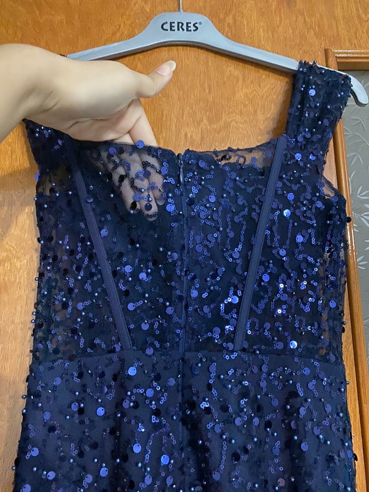 Lacivert İşlemeli Drapeli Uzun Abiye Elbise - Görsel 4