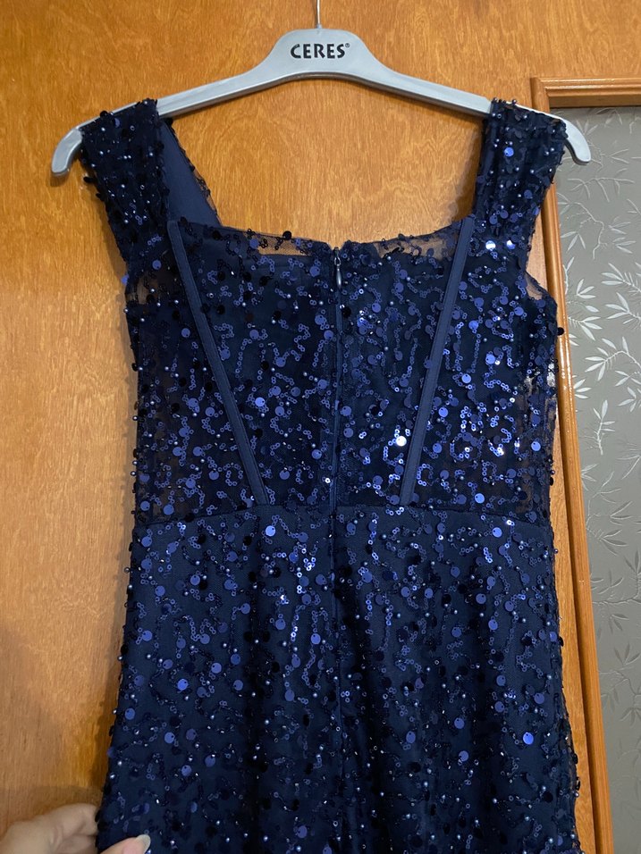 Lacivert İşlemeli Drapeli Uzun Abiye Elbise - Görsel 5